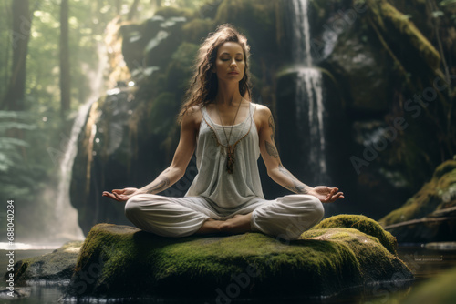 Young woman practicing breathing yoga pranayama outdoors in moss forest on a backdrop of waterfall. Unity with nature concept.