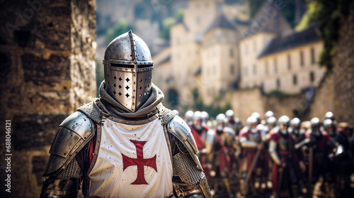 Templar knight wearing an armor with a red christian cross on it, medieval times with an army, castle village or town background, crusader hd