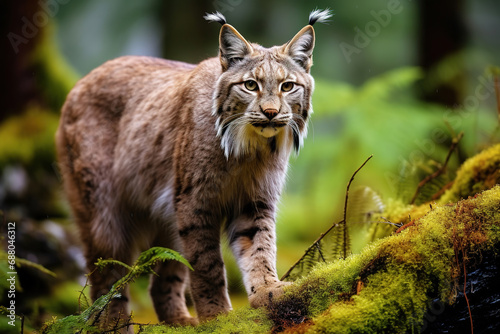 adventuring photography of lynx hinting wild in forest of new zealand, minimalistic composition, banner, glorious color