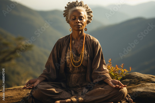 Unity connection with yourself, meditating for inner peace zen balance, stable mental health in group concept. Senior grey haired African-American woman practicing breathing yoga pranayama in mountain