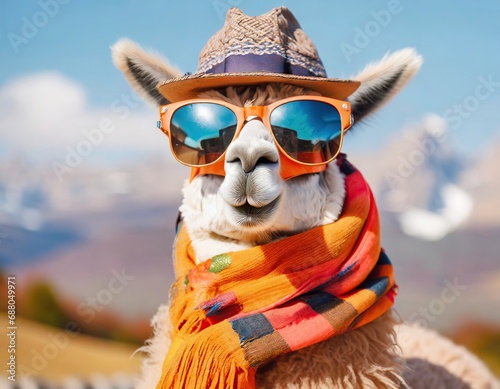 lama wearing a scarf, sunglasses and a hat