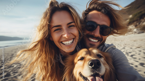 Portrait of happy young couple with their dog on the beach.