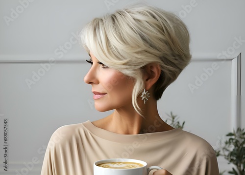 A beautiful middle-aged woman in glasses expresses happiness and smiles, greets this morning with a cup in her hands with warm and hot coffee, tea, drink. The image is in a minimalist and aesthetic