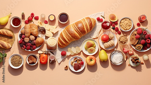 Continental breakfast captured from above flat lay