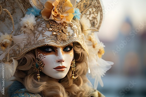 Portrait of a woman in a beautiful Venetian costume, a Venetian carnival mask against the backdrop of the Grand Canal. Selective focus. Festival, holiday Mardi Gras.