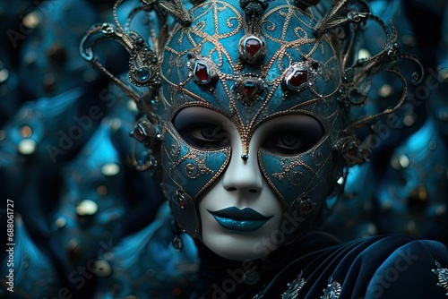 A woman at the Mardi Gras masquerade in Venice. On the face is a carnival mask in dark blue and black Gothic style. Close-up. Masquerade background.