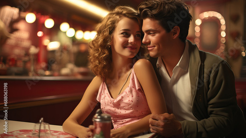 Nostalgic date night at 50s diner. Couple in love. Concept of valentines day. 