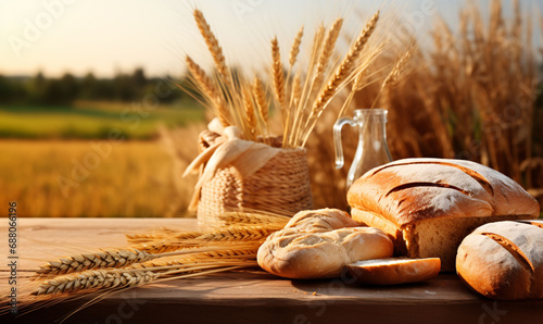 Fresh fragrant bread laid on a rustic wooden table with a wheat field in the background. Concept for fresh baked goods from the bakery.