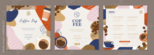 Set of sketch banners with coffee beans on minimal background for poster, cover, menu, social media post or another template design. vector illustration.