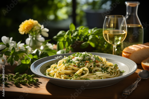 Piatto di pasta, linguine alle erbe e peperoncino con un bicchiere di vino bianco