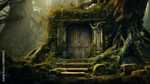A mysterious wooden door hidden within a mossy, ancient forest, exuding an air of enchantment and mystery.
