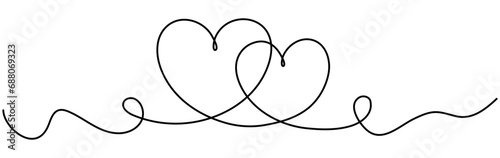 Two hearts continuous line art drawing. Double heart wavy line. Vector hand drawn illustration isolated on white.