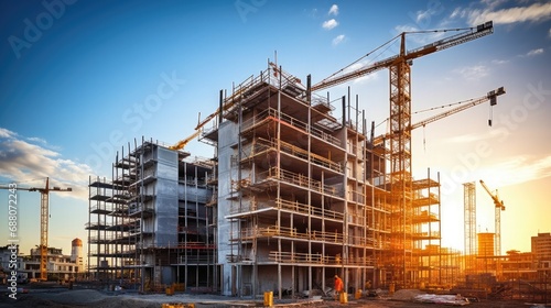 Building under construction, construction site, scaffolding, cranes