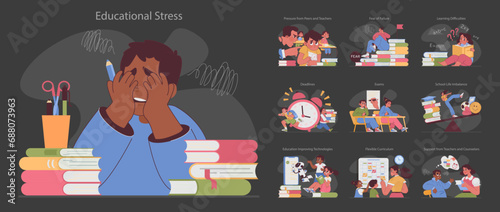 Educational stress set. Overwhelmed students grappling with deadlines, peer pressure, and exams. Balancing study with life, embracing new learning technologies. Flat vector illustration