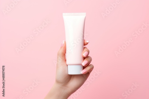 Close-up shot of hand holding empty white cosmetic cream tube on pink background presenting luxury skincare products.