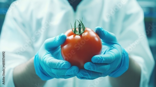 close up hand scientist hold tomato in technology laboratory. GMO and laboratory studies, vegetable, laboratory, biology, science, agriculture, chemical, research, modification