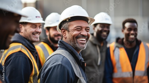 Portrait of engineer man smiling in diverse group of team on construction site.