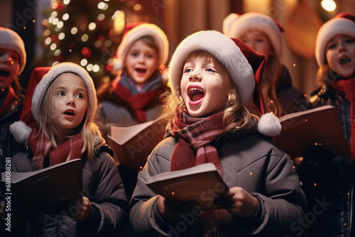coro de niños cantantes con gorro de papa noel , cantando villancicos en un coro navideño con fondo desenfocado de decoraciones y arbol de navidad