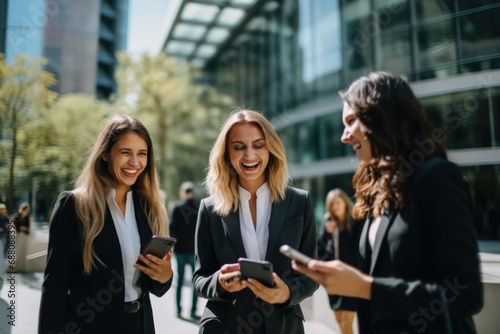 A group of young business women in suits using their smartphones
