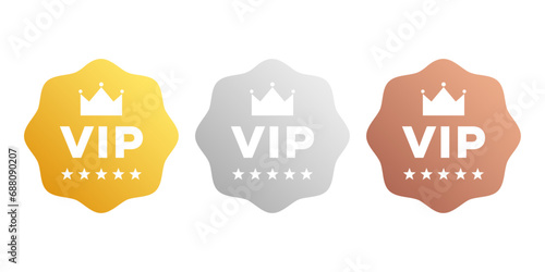 VIP badges in gold, silver and bronze color. Vector vip emblem sticker attractive set.