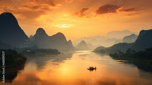 Sunset over the mekong river in southeastasia
