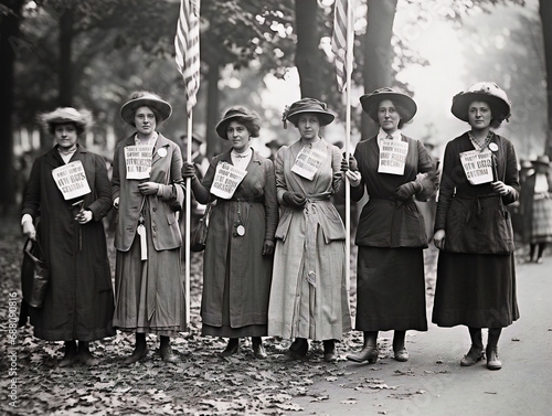 "Antique photo captures determined women's suffrage activists picketing for equal rights in front of crowds."