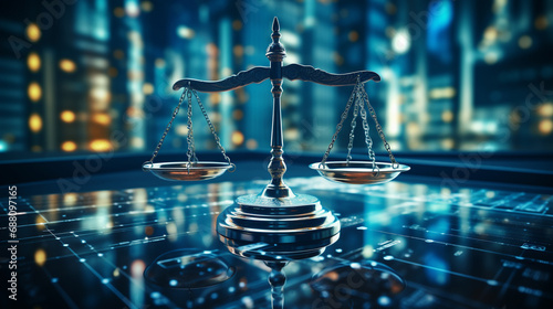 law scales against a data center background, representing the digital law concept and the duality of judiciary and modern data. ai generated.