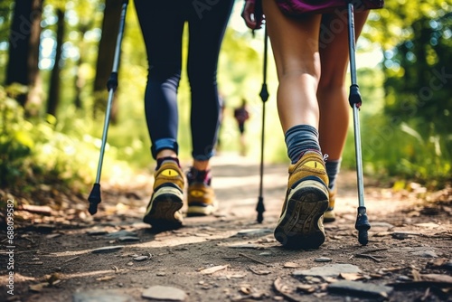 Engaging in Nordic walking practice, legs stride purposefully, benefiting from the rhythmic motion and full-body exercise