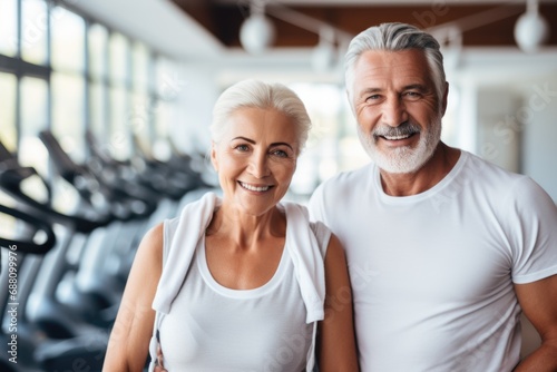 In the gym, a senior couple embodies the spirit of active aging, working out with enthusiasm and determination