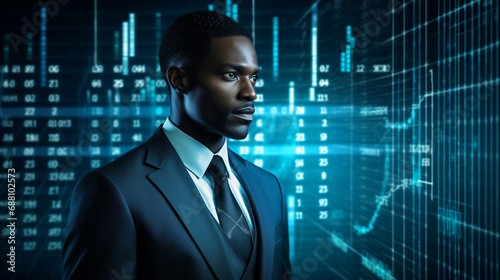 Un homme d'affaires face à un écran holographique rempli de chiffres et de courbes : comptabilité, audit, data et analyse financière