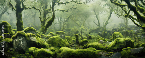 Forest trees covered in moss with a mystical feel