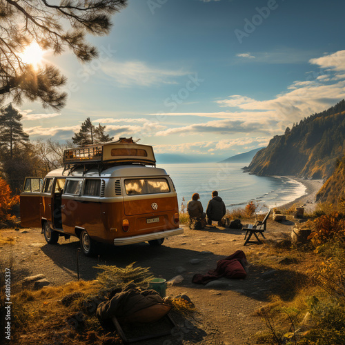 romantic camping with a camper by the sea with a campfire, AI generated