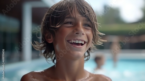 Portrait of a happy teen boy in pool. The boy swims in the pool after going down the water slide in summer