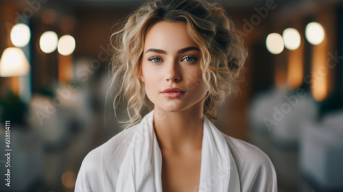 Young woman with clean and fresh skin from a spa. Close-up portrait of a model with good skin. Cosmetology, beauty, and spa services