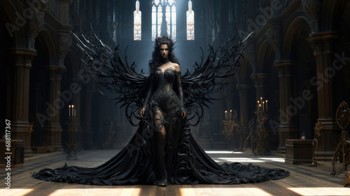 Beautiful dark evil fairy in her castle
