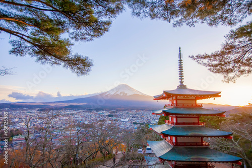 Wonderful Chureito Pagoda with fantastic view on mount Fuji. Impressive and magnificent view on mount Fuji in Japan.