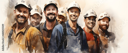 Watercolor style group of workmen,