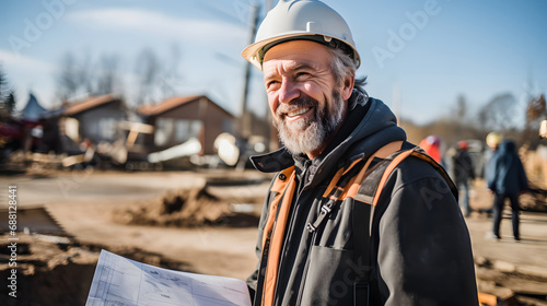 Construction manager discussing architectural plans on the construction site,