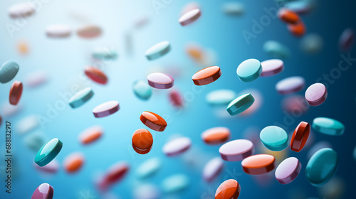 A set of colorful pharmaceutical tablets and capsules levitating on a pale blue background.