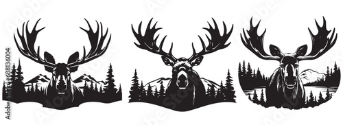 Silhouette of a moose against the background of the forest and mountains, black and white vector graphics