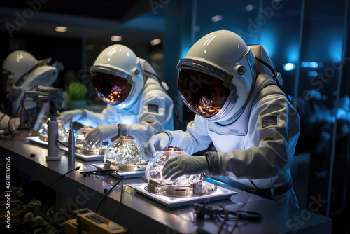 Astronauts in space suits conducting botanical experiments in a high-tech space laboratory.