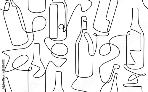 Seamless pattern with continuous line drawing bottles. Background with Wine, Champagne. Vector illustration.