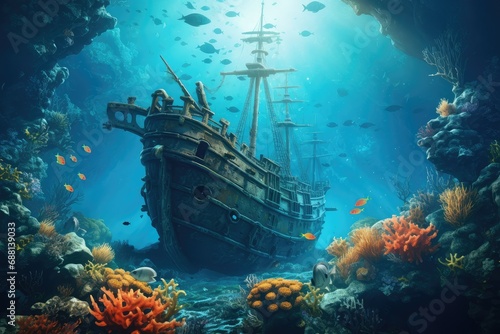 Beautiful underwater world with corals, fish and old ship, coral reef with fish and a shipwreck at the bottom in the blue sea. Underwater landscape, a shipwreck at sea