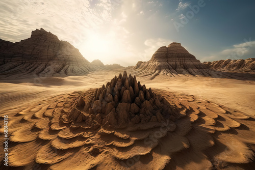 Surreal rock vortex formation. Fictional coiled stones in the desert mountains