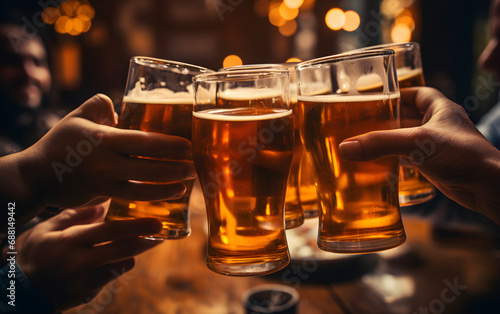 grupo de amigos chocando vasos de cerveza en un bar popular