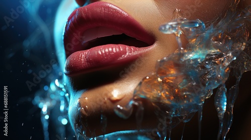The gentle touch of water on the skin of a young woman. Beautiful mouth close-up. Red lips and white teeth with water drops. Waterproof cosmetics advertising concept.