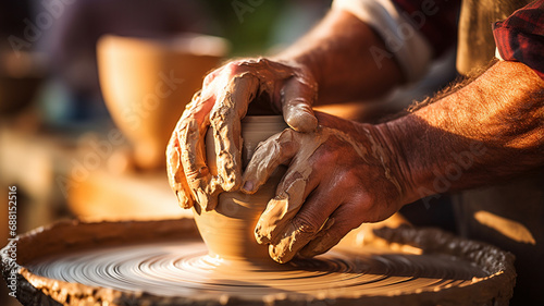 A beautiful close-up shot of wet male hands working with clay․