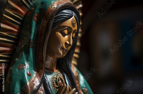 Wooden colored statue of virgin Maria. Divine sacred cultural religious artifact. Generate ai