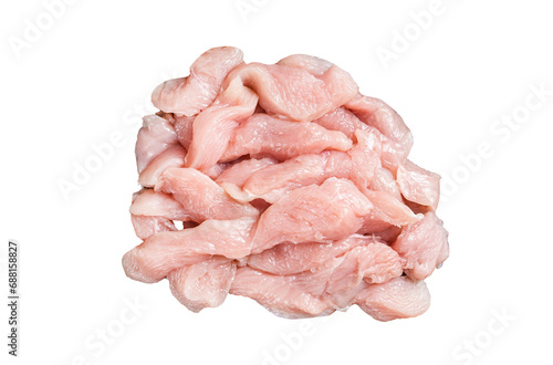 Fresh Raw turkey breast meat slices on a butcher board. Transparent background. Isolated.