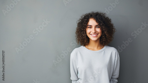 portrait of a happy young brunette woman with curly hair smiling isolated over gray background